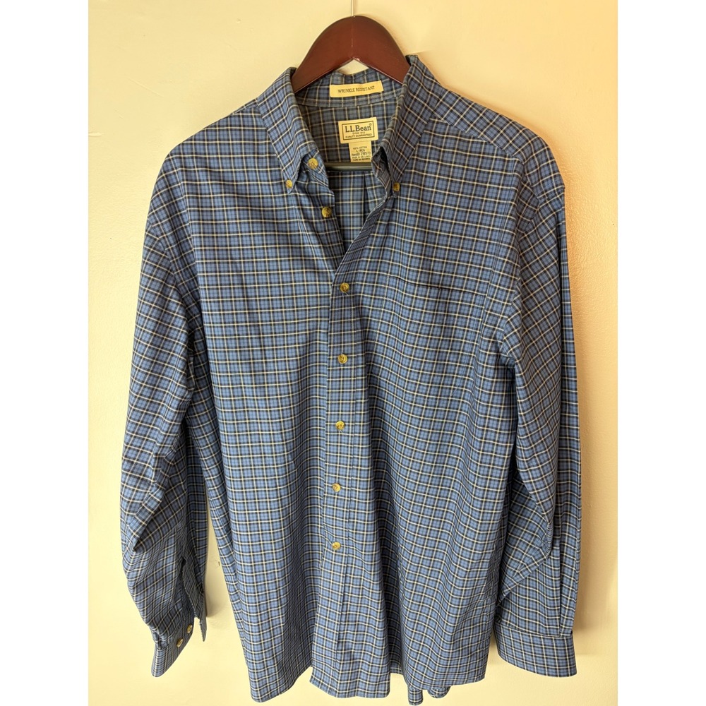 LL Bean Mens Blue Plaid Wrinkle Resistant Cotton Button Down Shirt Large 218573